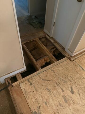 Hallway sub floor replacement. Main beam and sister joist replacement