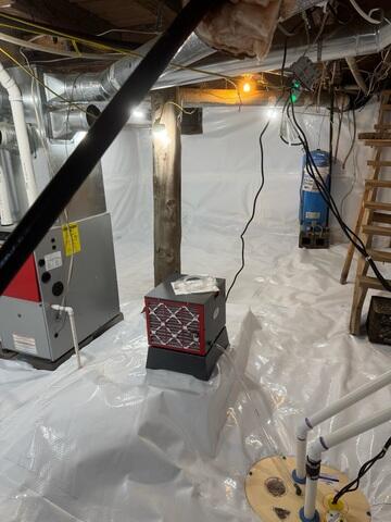 Sump Pump System - Provides three levels of sump pump protection in a single system, including primary pumping capacity, additional protection during high-water conditions, and battery-backup protection during power outages.

• SaniDry™ Dehumidifier - A high-performance basement dehumidification system designed to automatically remove excess moisture from the air and maintain comfortable humidity levels.