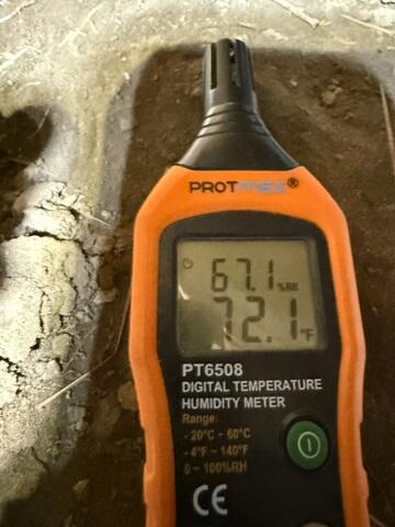 The humidity meter is showing 72% humidity in a crawl space. Mold thrives rapidly when humidity reaches 70%. Humidity and mold can lead to wood rot that will damage the wood that supports your home.