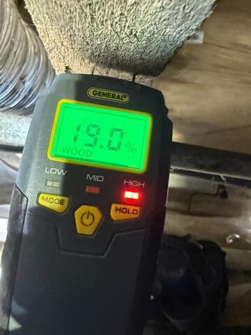 This meter is showing high humidity in the wood in the crawl space. Wood absorbs moisture and becomes wet and humid. The high humidify level and inspection of the area reveal mold in the crawl space.
