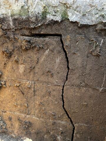 Cracks near the footing of the foundation.