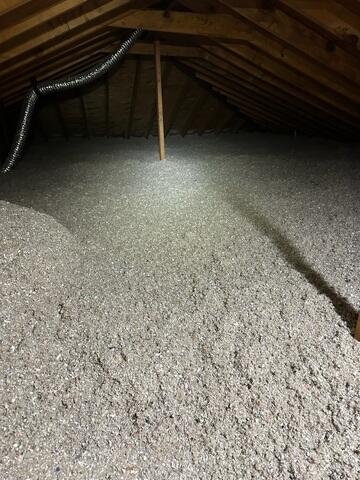Blown-in cellulose insulation installed.