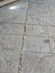 Before: The concrete patio shows distinct, wide gaps filled with debris and signs of deterioration along the expansion joints.