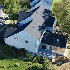 Back view of the roof showing the bold Granite Black IKO Dynasty shingles, part of the full Klaus Roofing installation designed to prevent leaks and withstand harsh Delaware weather.