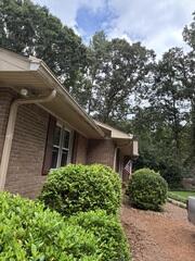Black looking debris on his old outdated gutter system could indicate mold, water streaking from overflow signaling the gutters were not draining down the downspouts.