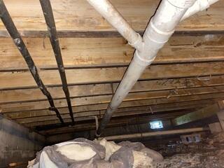 This photo shows the new sister joists we installed. Each joist was 14 feet long, and there were 42 of them that we replaced, (547 ft in total). This project took us three - 9 hour days to complete. Now imagine if the crawl space was too shallow for us to fit the treated wood through the outdoor access. We would then have to take out the floors above to complete the project.