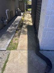 This photo shows how the settled concrete created a "negative pitch," tilting the walkway directly toward the brickwork. This trap allowed water to pool against the house instead of flowing out to the yard.