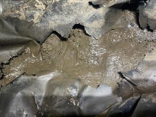 The dirt floor of this crawl space was exposed due to holes in the vapor barrier which had been chewed by rodents, allowing water to rise onto the vapor barrier