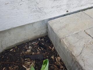 A close-up view showing the one-inch separation between the stamped concrete walkway and the porch. This gap was the primary concern for the homeowners, as it disrupted the clean transition of their entrance.