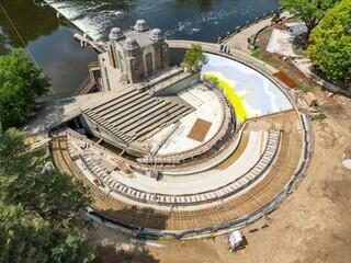 Stadium seating being constructed.