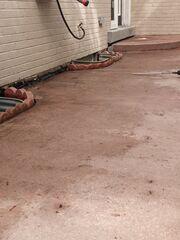 The settlement was particularly prominent near the window wells and the home's exterior walls. This view shows how the sinking slabs compromised the perimeter drainage, leaving the foundation vulnerable to water pooling and potential moisture issues if the pitch were not corrected.