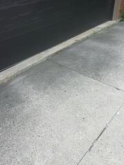 Significant settlement at the garage threshold, creating a dangerous trip hazard and allowing water to pool. You can see where the concrete has dropped, leaving a large gap that threatens the garage interior.