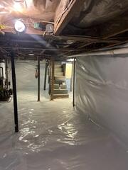 CleanSpace vapor barrier system installed across the crawl space basement floor and walls
Moisture protection improvements throughout the space
Encapsulation detailing around structural supports and foundation areas
Sealing of exposed crawl space basement surfaces to help improve overall moisture control