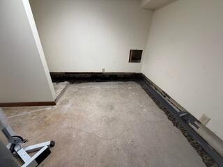 Our crew removed the ruined carpeting and about a foot of the drywall near the baseboards to install the WaterGaurd French drain system.