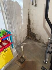 Before repairs began, signs of water intrusion and elevated humidity were evident throughout the basement. Moisture staining and mold growth on the foundation walls highlighted the need for a comprehensive waterproofing system to keep the basement dry and protect the home from future moisture-related damage.