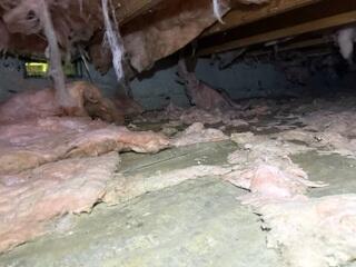The fiberglass is left to fester on the ground, exposed to more water, as well as any critters that venture into this space.