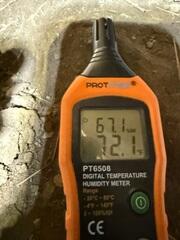 The humidity meter is showing 72% humidity in a crawl space. Mold thrives rapidly when humidity reaches 70%. Humidity and mold can lead to wood rot that will damage the wood that supports your home.