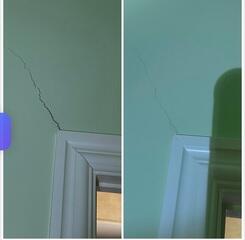 Before and after photo of a wall crack closed by adding floor support.