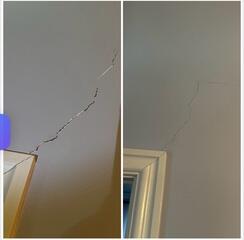 The floor has been lifted, lifting the wall back into position and closing the crack.