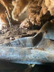 Once under the home, the fiberglass hung low, and the old vapor barrier was skewed, exposing the dirt below