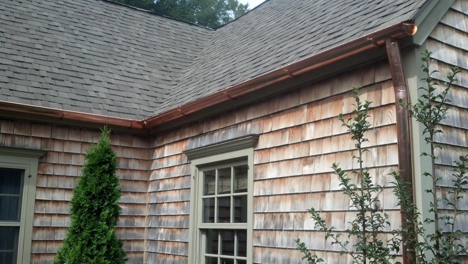 Gutters Downspouts Copper Gutter Installation In Westport Ct Close Up Shot