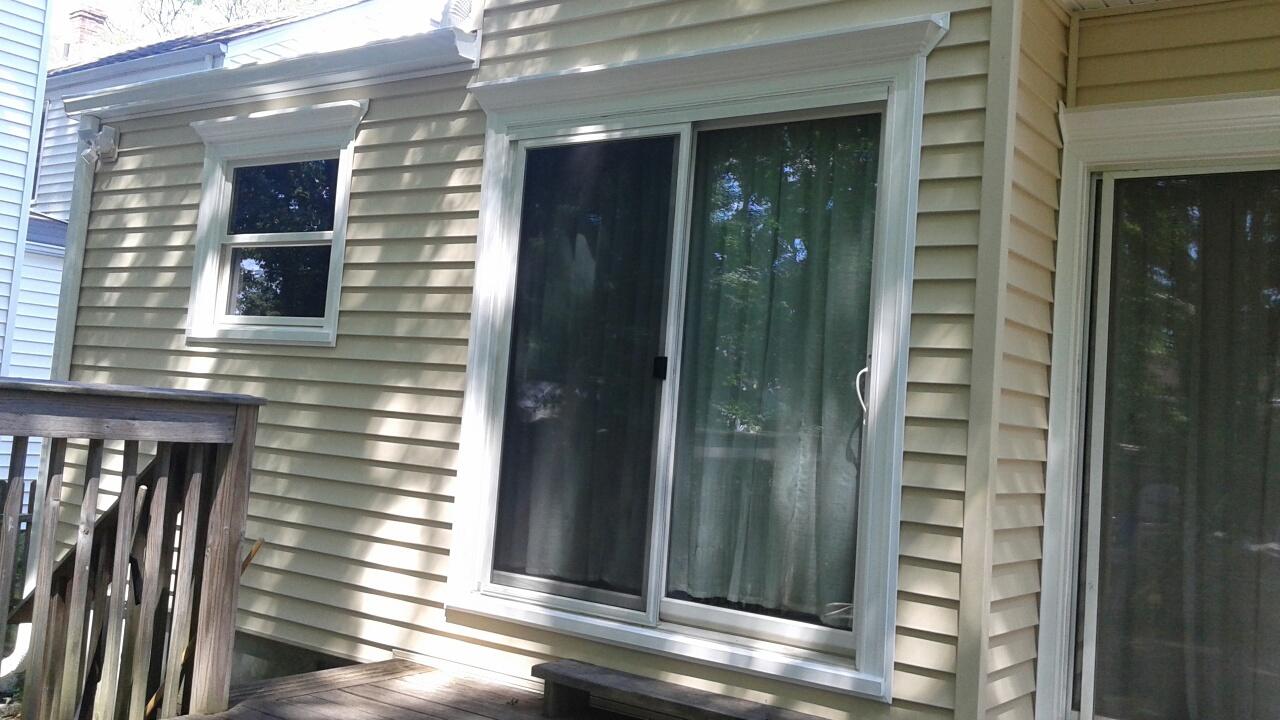 Replacement Windows Marvin Infinity Double Hung And Sliding Patio Door Vinyl Siding Installed In Verona Nj Marvin Infinity Double Hung And Sliding Patio Door With Everwood Interior And Colonial Ivory