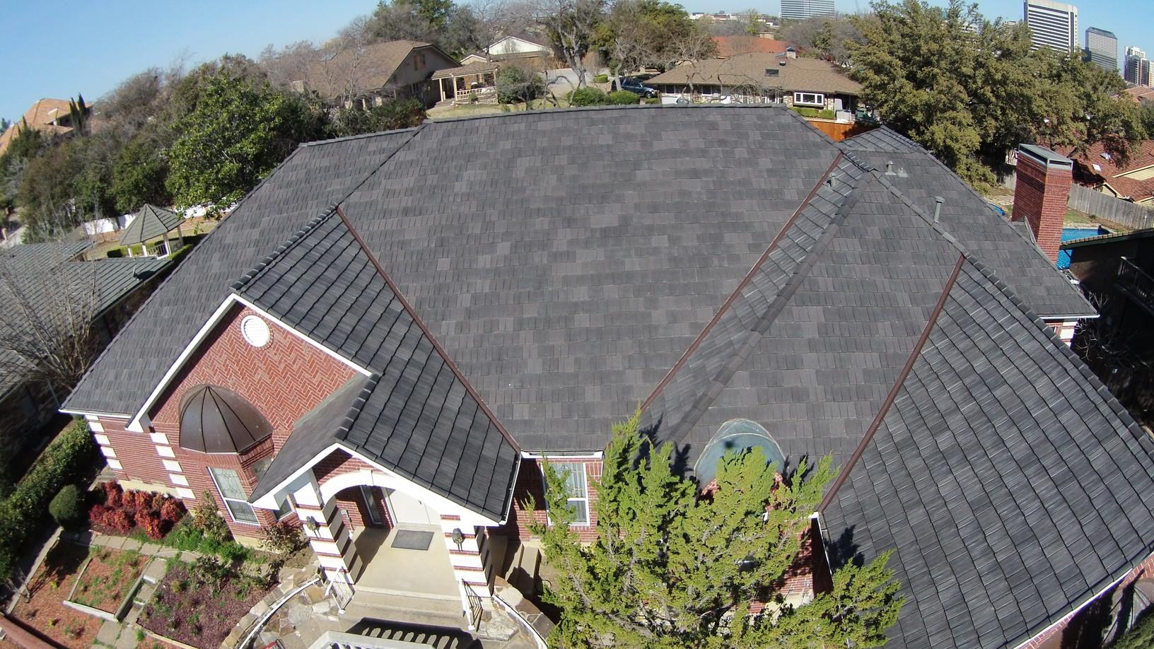 Roof Replacement Synthetic Slate Roof Installation In Irving Tx Drone View Of The Roof