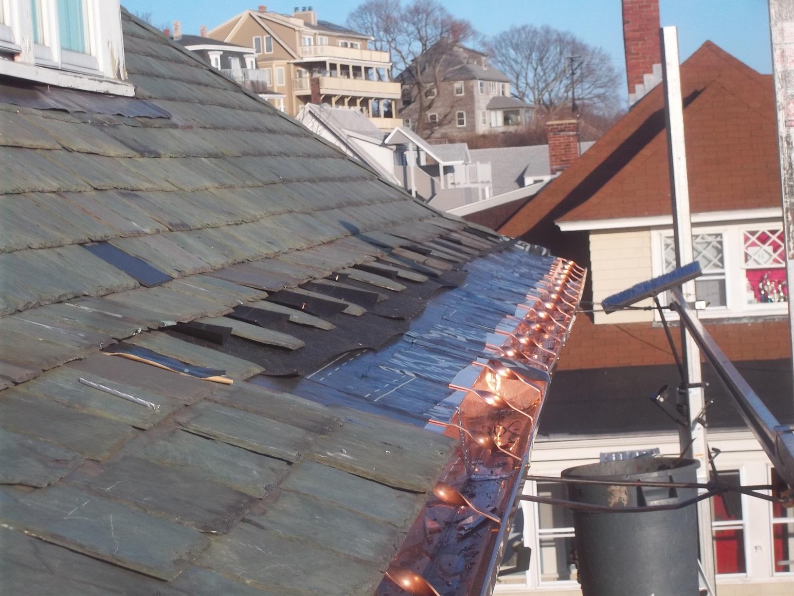 Gutters & Downspouts BuiltIn Copper Gutter Installation on Slate Roof House in Brookline, MA