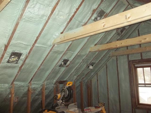 Spray Foam Installed Between Wall Studs and Rafters