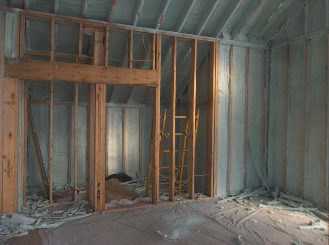 Spray Foam Installed Between Wall Studs and Rafters