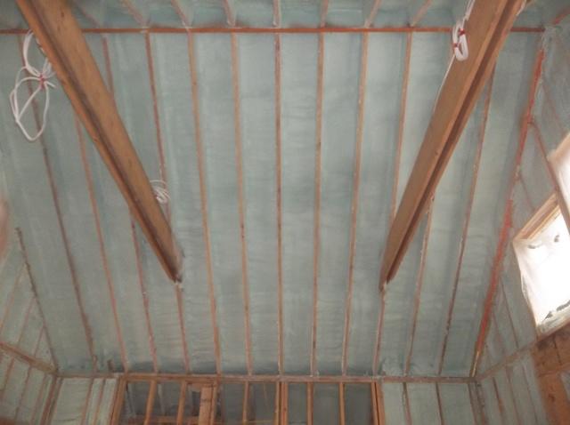 Spray Foam Installed Between Wall Studs and Rafters