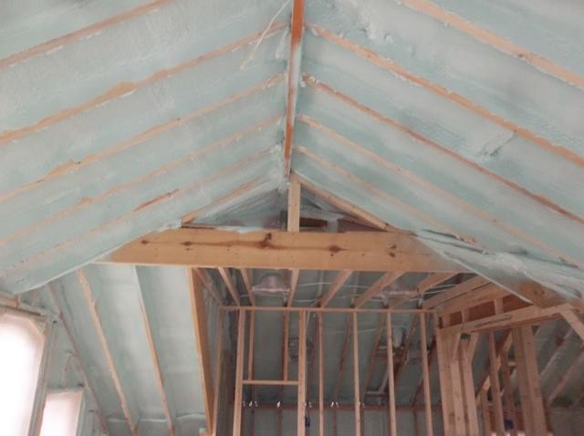 Spray Foam Installed Between Wall Studs and Rafters
