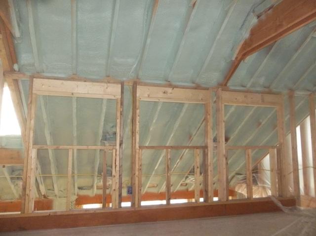 Spray Foam Installed Between Wall Studs and Rafters