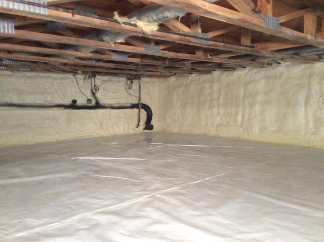Air seal and insulate crawl space by installing approximately 2" Closed cell spray foam on exterior walls and rim joist of crawl space