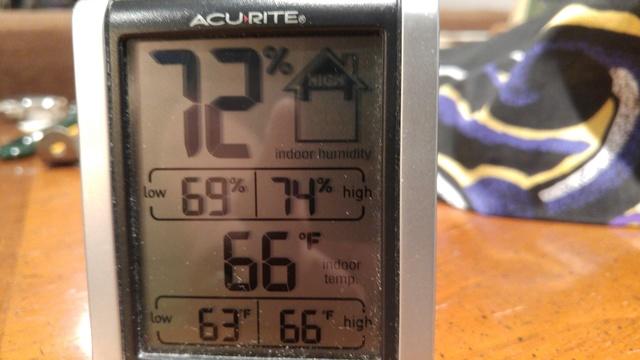 These are the readings we took on a portable hygrometer - an instrument that measures temperature and indoor humidity levels. This basement had conditions that were ripe for mold to thrive at 66 degrees and a swampy 72% indoor humidity level. Indoor humidity levels should be kept between 30% and 50% to prevent mold growth.