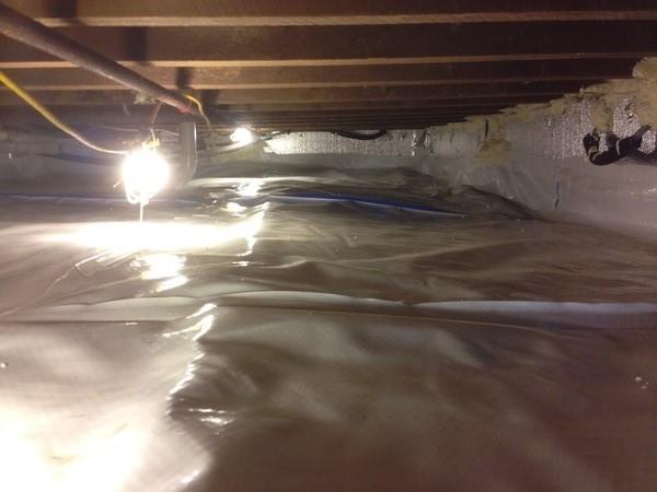 Vapor barrier in Swansea, Massachusetts is installed. Installing the CleanSpace barrier will help the customer with heating and cooling costs for the property as well as keeping the pipes safe from freezing.