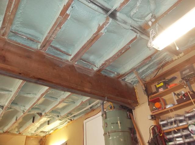 Garage Ceiling with newly installed Spray Foam Insulation