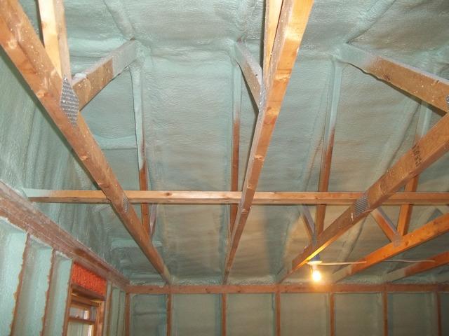 Spray Foam Installed Between Wall Studs and Rafters