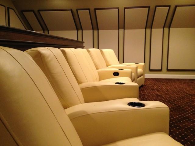 Side of Custom Theater looking at custom built panels on the wall.