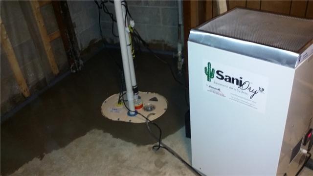 The Triple Safe Sump Pump has a strong motor that handles the majority of the work. A second pump is installed slightly higher to kick on when the first pump fails or is unable to keep up. Finally, a battery backup operates a third pump so that the space stays dry when the power is out. A SaniDry dehumidifier is highly efficient in removing water vapors from the air and depositing them in the sump pump basin for removal from the home.