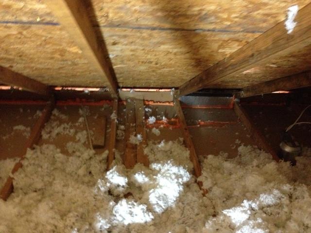 <p>Another view of completed air sealing in the attic over garage</p>