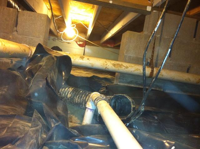 <p>Here, you can see where water has previously flooded over the black plastic barrier and coated these pipes with mud. &nbsp;The homeowners stated that they were having trouble with moldy odors, pests, and indoor allergies and asthma. &nbsp;These are all symptoms of a crawlspace that needs attention. &nbsp;The Healthy Spaces team will soon create a healthy space!</p>