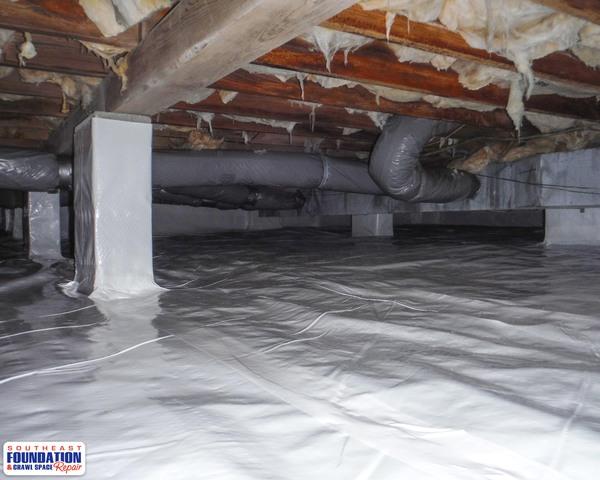 With the CleanSpace Encapsulation System we custom fit the CleanSpace Liner to wrap the piers to insure that water can not penetrate the crawl space of the home.