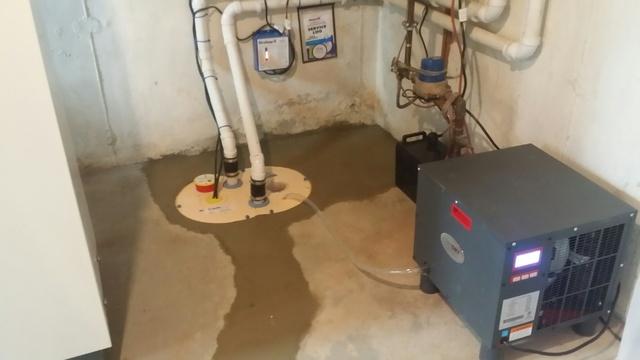 A TripleSafe Sump Pump was installed. This unique 3 pump system acquires the water from the WaterGuard system and leads it outside the home through a discharge line. A SaniDry Sedona was also installed to lower humidity which will eliminate the musty odor. This is exactly what the homeowner wanted and was happy with the products and her dry basement.