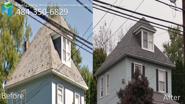 These slate shingles are now architectural shingles, thanks to Pinnacle Exteriors. Check out the before and after and see the potential satisfaction you can have at your home when Pinnacle Exteriors completes your next home improvement project