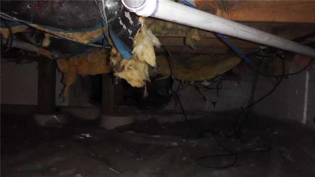 There are a few warning signs in this picture. First, the plastic sheeting on the ground is not a true barrier, but just laid out over the dirt. Second you can see the fiberglass insulation mentioned before starting to fall.