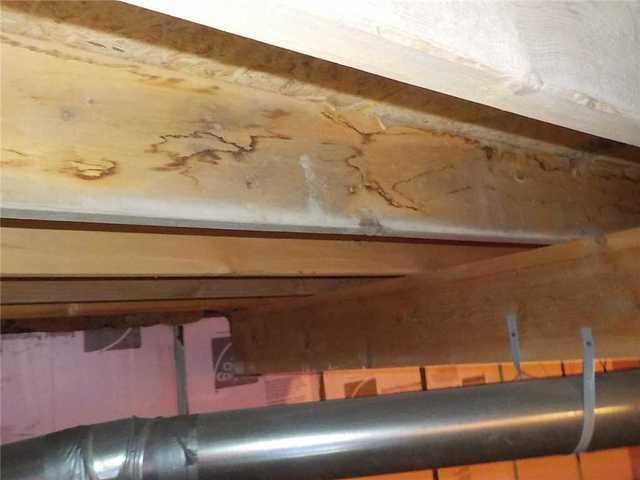 The floor joists here show the signs of high amounts of moisture at various times in the past.