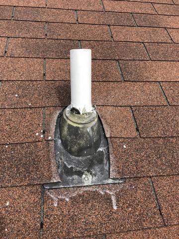 <p>Here&nbsp;is 1 of 6&nbsp;old pipe boots that&nbsp;was not replaced when the roof was replaced. The installation company used silicone and paint just&nbsp;to save a couple of dollars.</p>