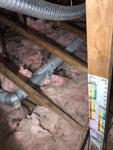 This area was torn and damaged, leaving the fiberglass effectively useless, with the dust and dirt visible in the insulation.