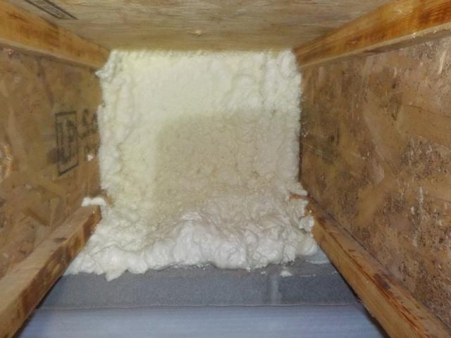 Spray foam is used to insulate the rim joist and prevent drafts or loss of conditioned air.